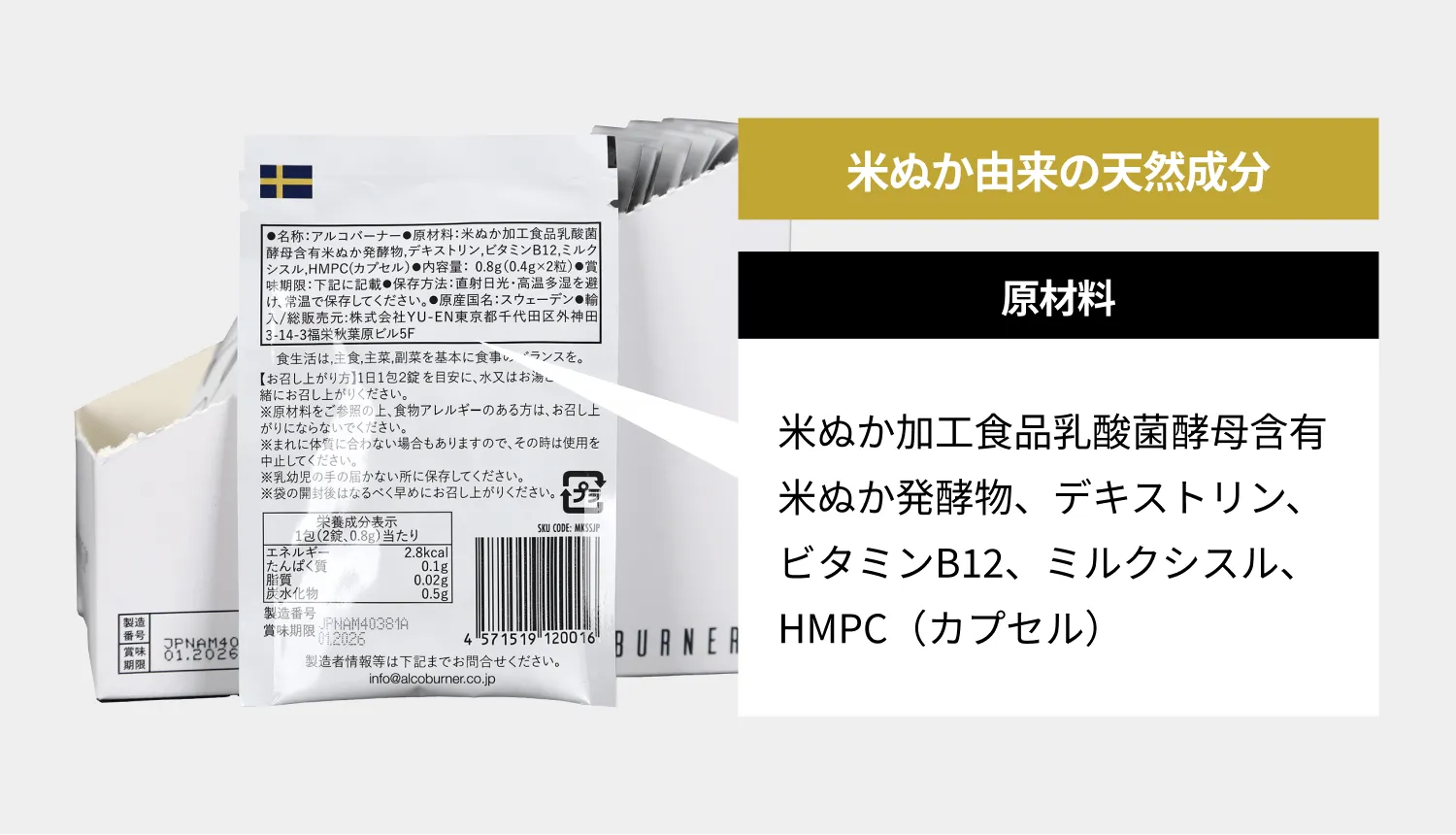 米ぬか由来の天然成分 原材料 米ぬか加工食品乳酸菌酵母含有米ぬか発酵物、デキストリン、ビタミンB12、ミルクシスル、HMPC（カプセル）